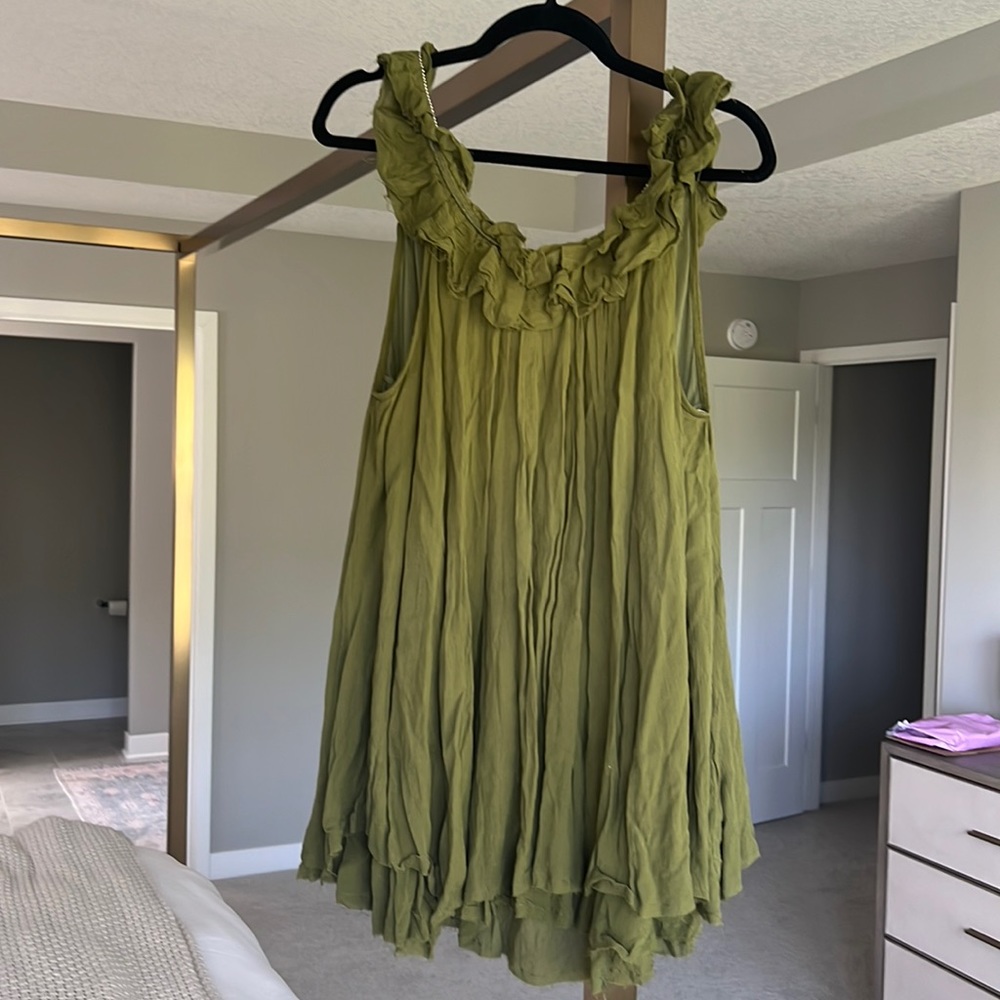 Free People Olive Green Ruffle Neck Sleeveless Dress